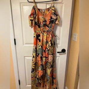 Tropical Leaf Print cold shoulder Maxi Dress